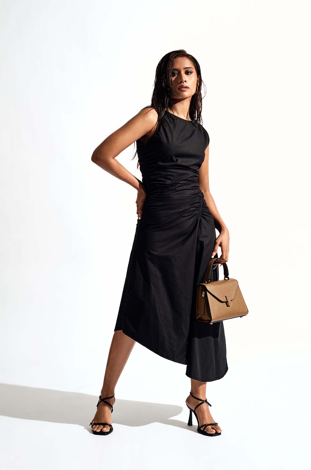 Ruched A-Symetric Dress- Black