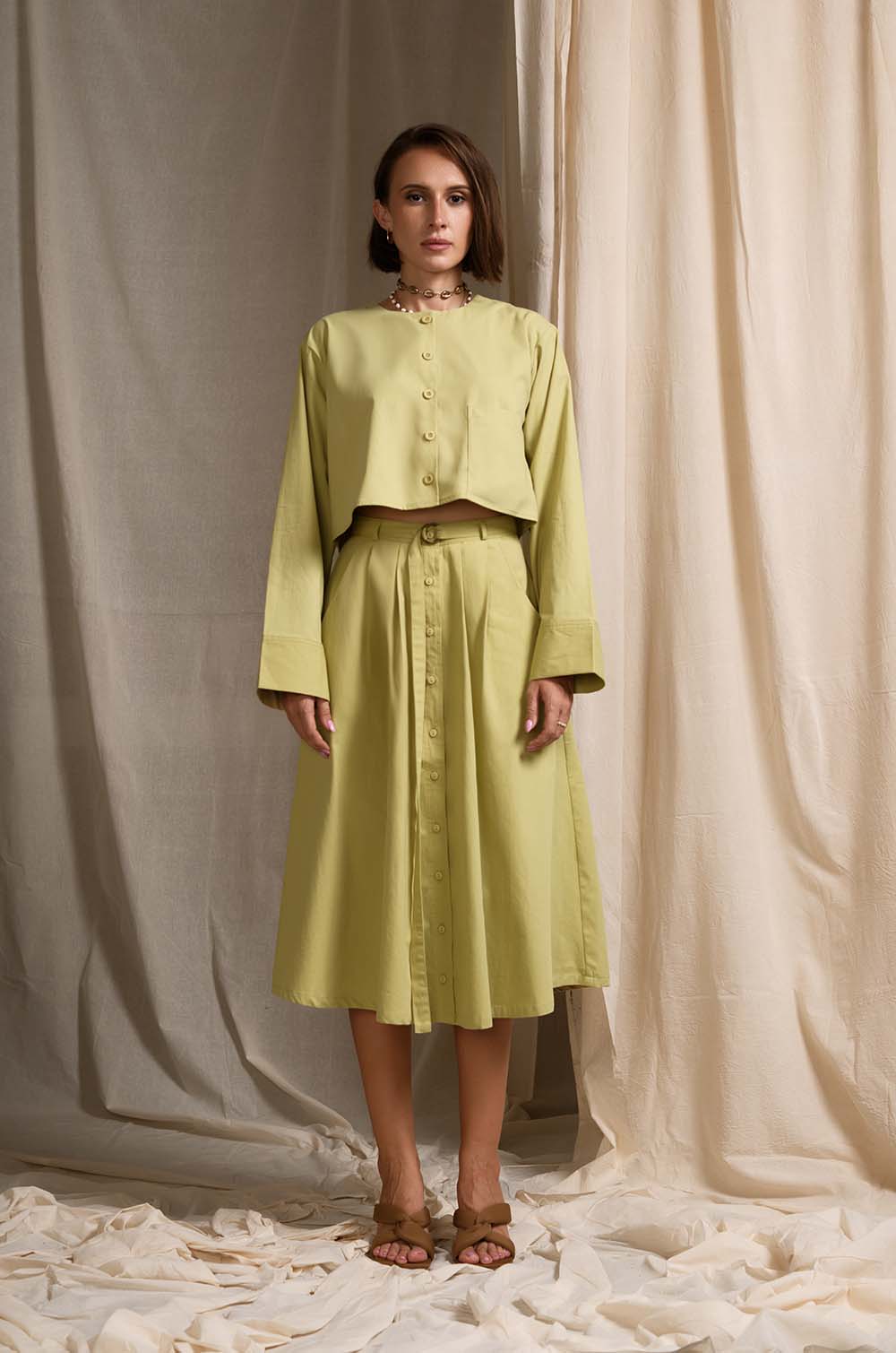Midi Skirt With Belt LIGHT GREEN