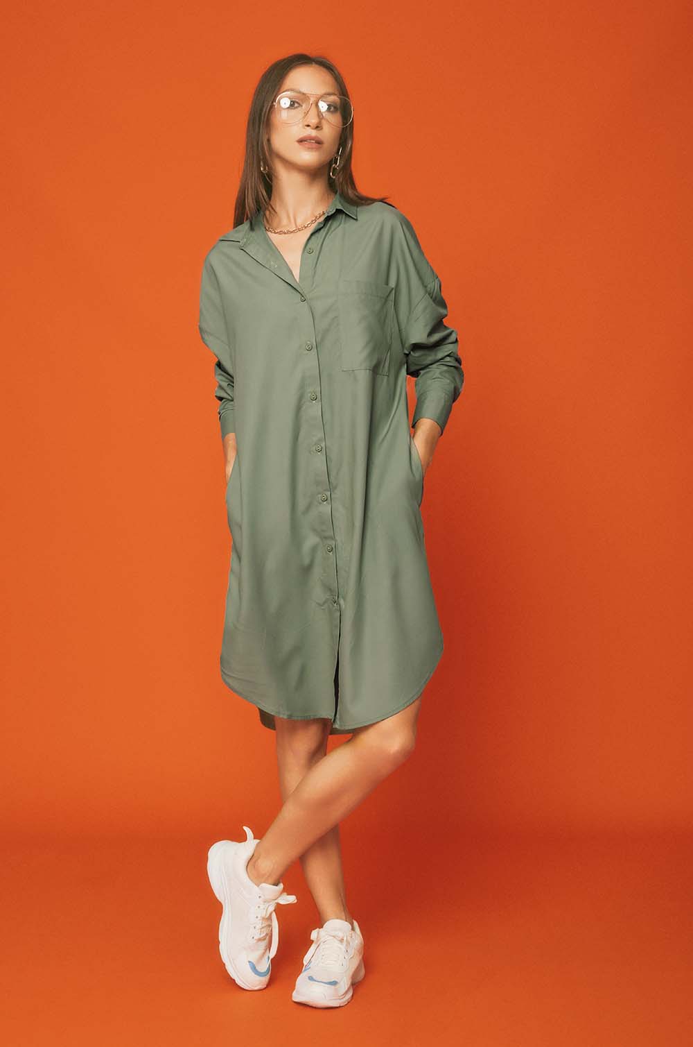 Dropped Shoulder Shirt Dress - Green