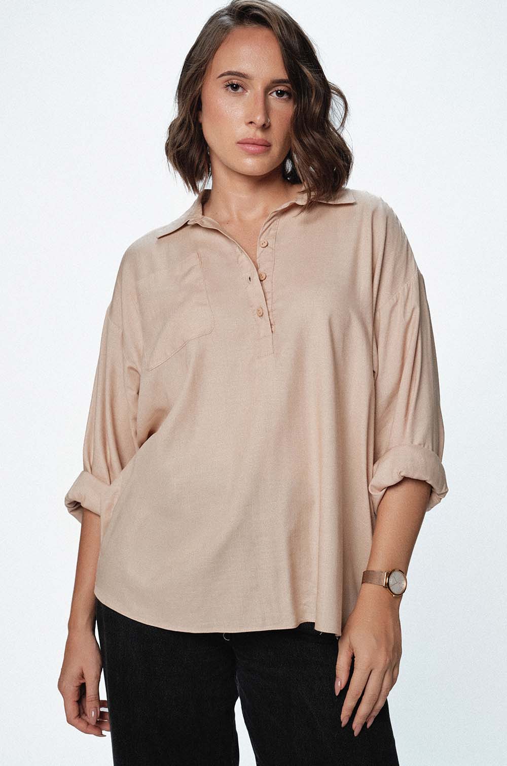 SINGLE POCKET OVERSIZED TOP - BEIGE