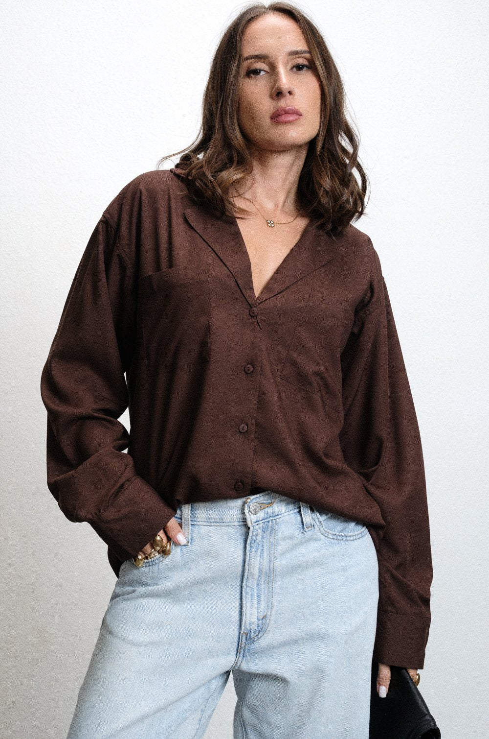 LONG SLEEVE LAPEL COLLAR SHIRT - BROWN