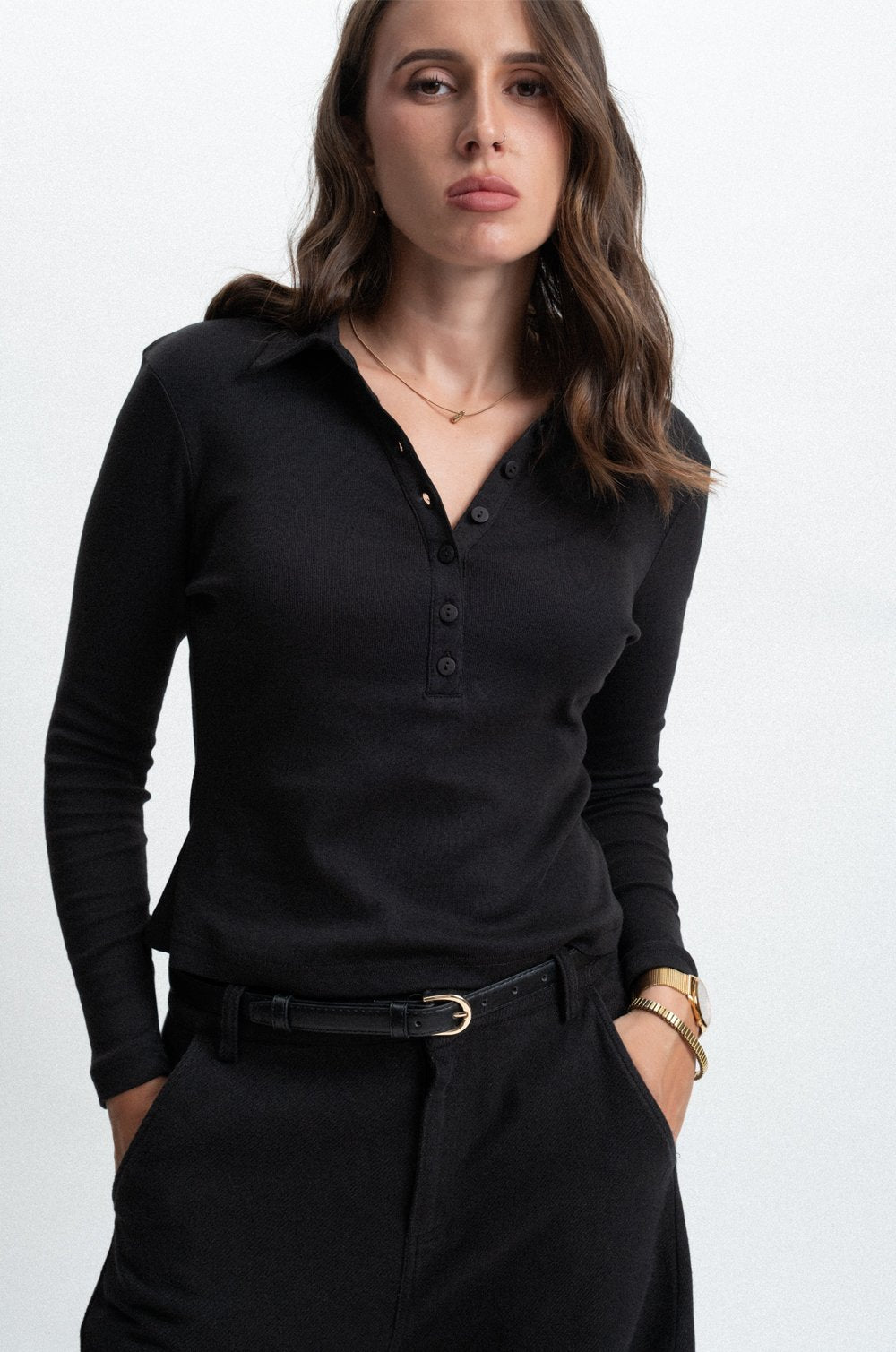 LONG SLEEVE BUTTON UP SWEATER TOP - BLACK