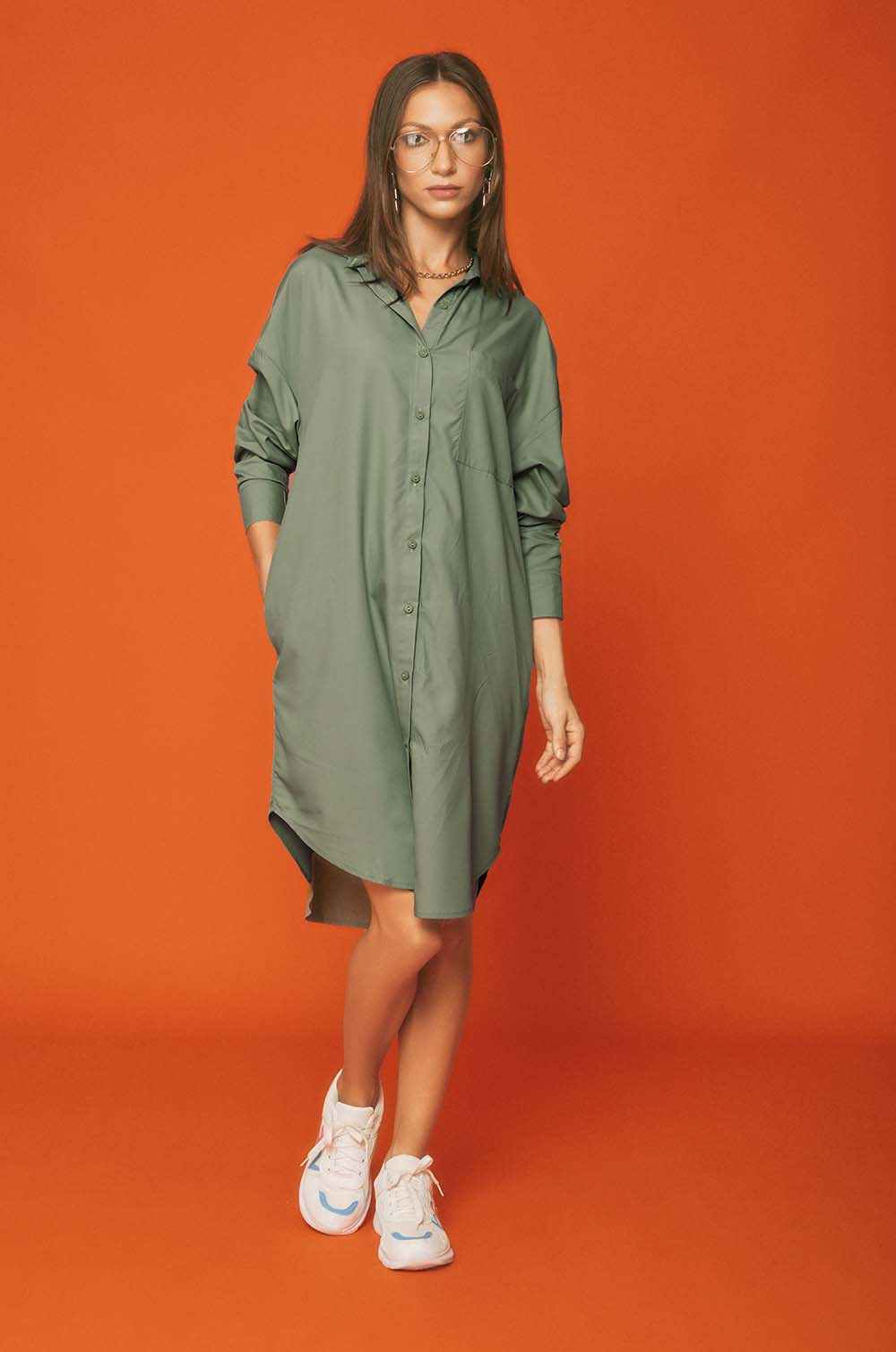 Dropped Shoulder Shirt Dress - Green