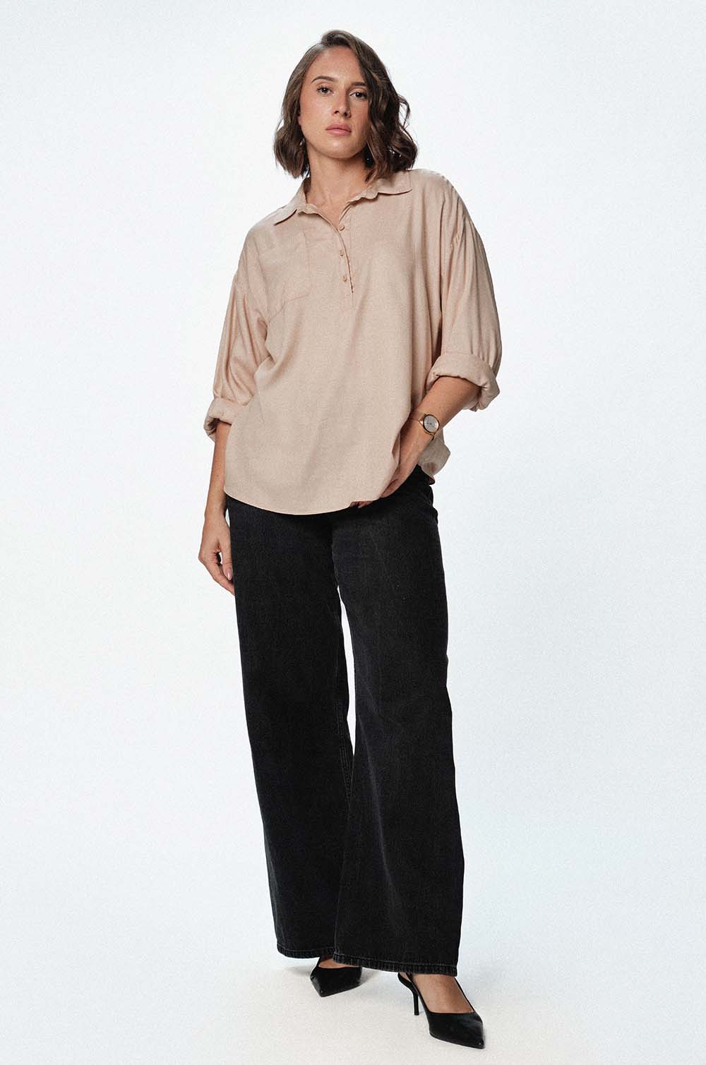 SINGLE POCKET OVERSIZED TOP - BEIGE