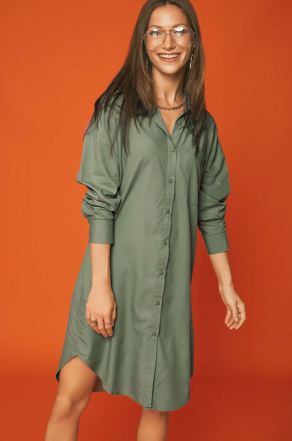 Dropped Shoulder Shirt Dress - Green