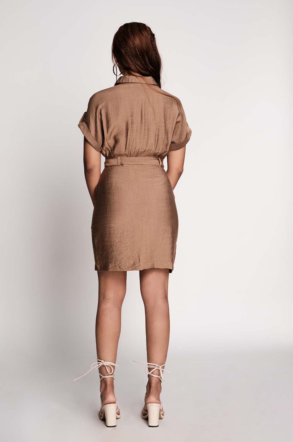 Belted Short Dress - Brown