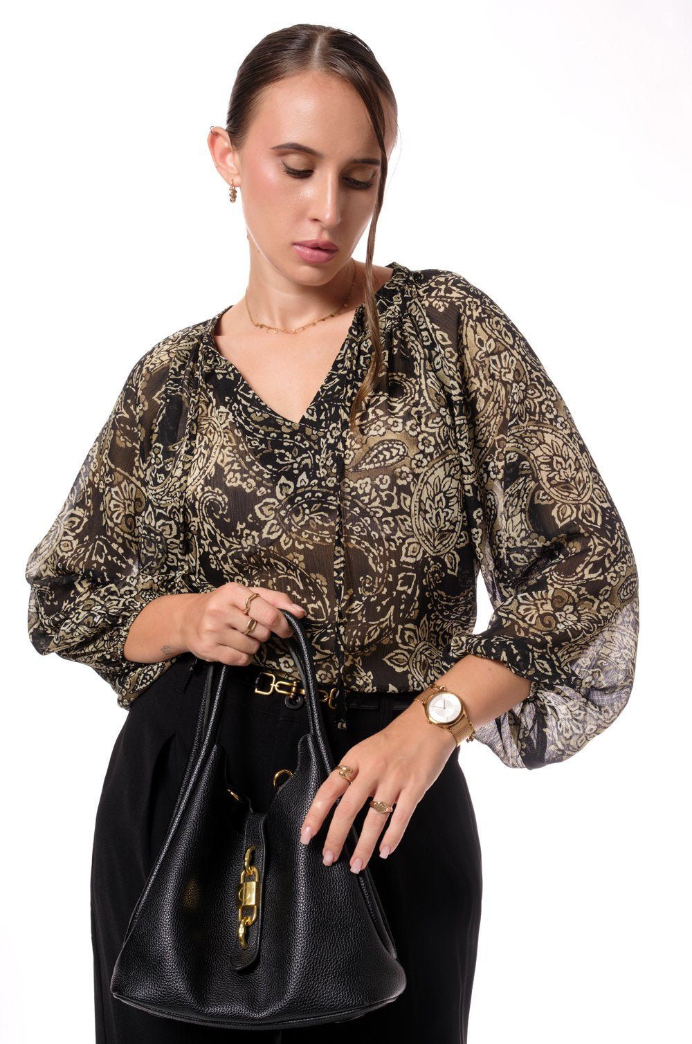 PRINTED NECK TIE BLOUSE - BLACK