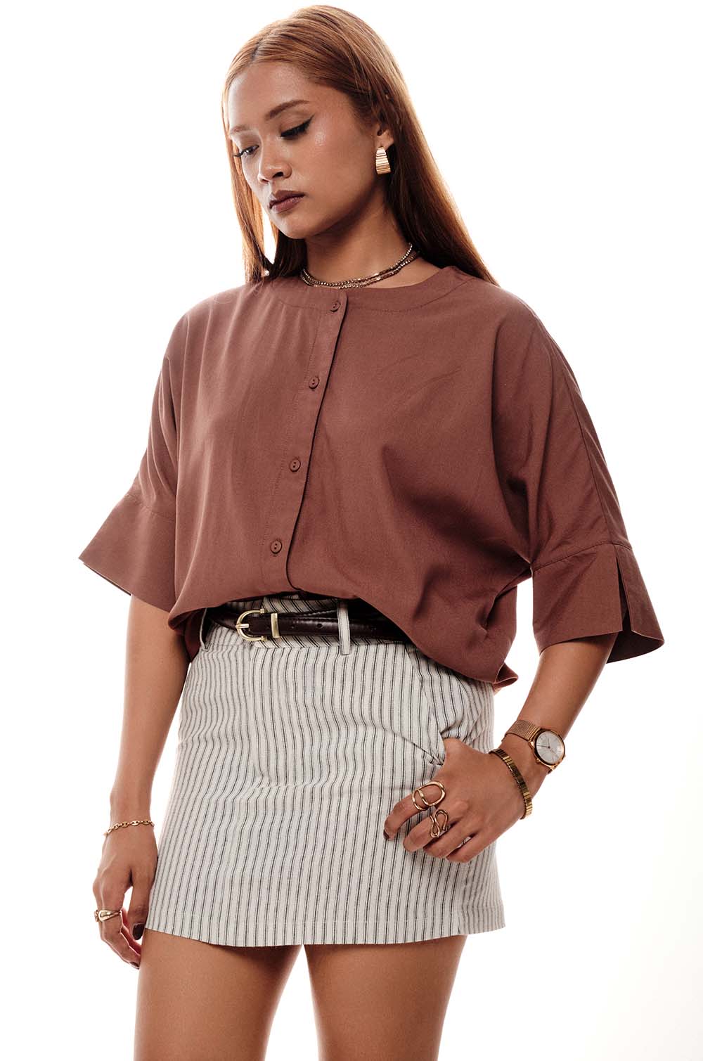 Cuff Detailed Top Brown