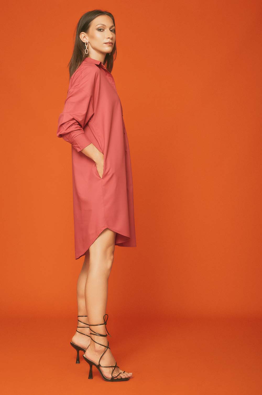 Dropped Shoulder Shirt Dress - Peach