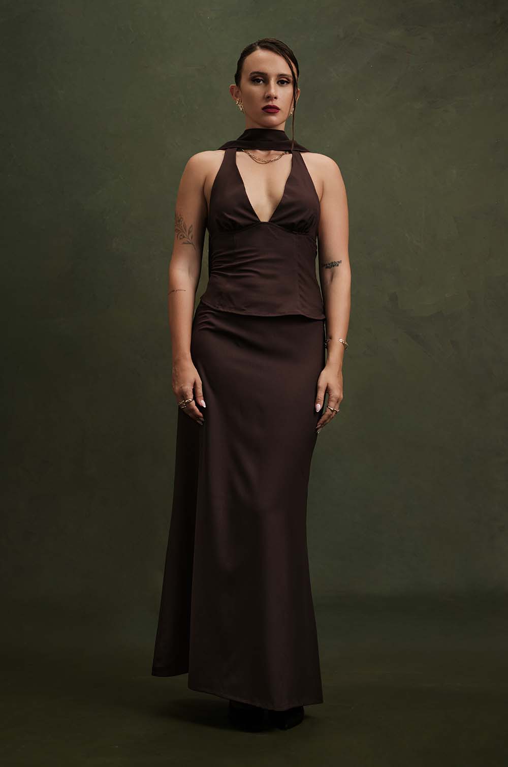 LOW WAISTED MAXI SKIRT - BROWN