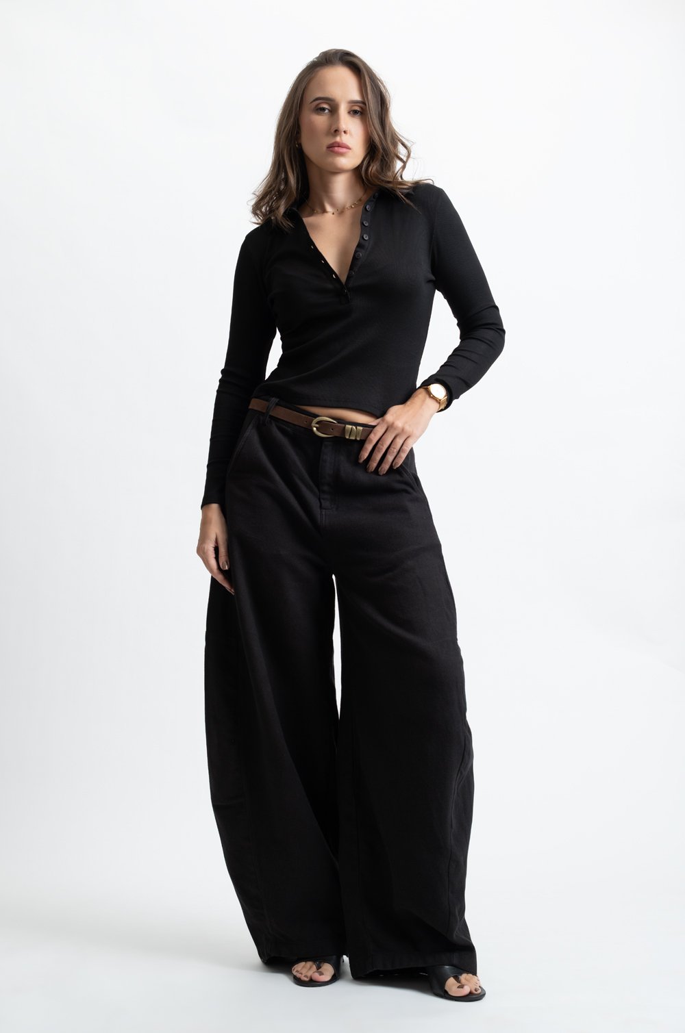 LONG SLEEVE BUTTON UP SWEATER TOP - BLACK