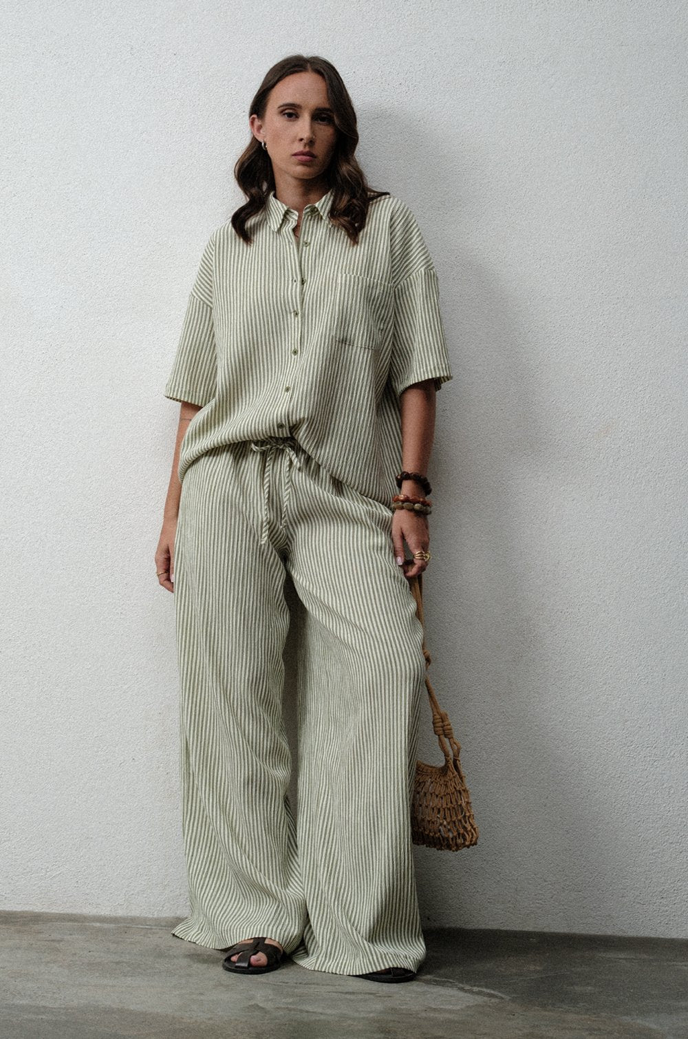 RISE LINEN PANT - GREEN STRIPE