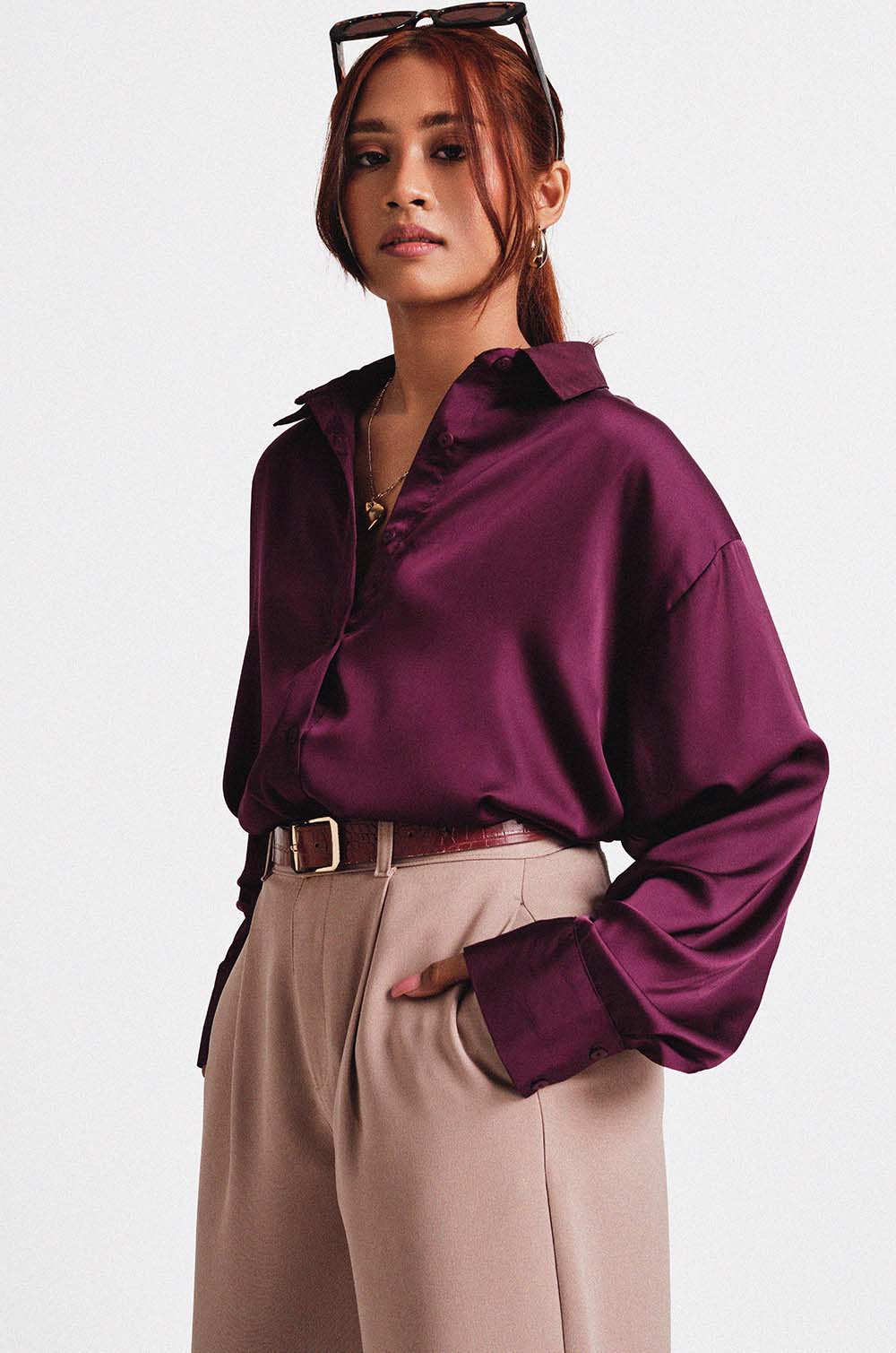 Satin Oversized Shirt-Purple