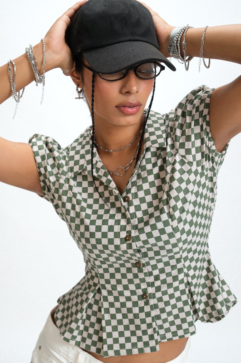 CHECKED PUFF SLEEVE TOP - GREEN
