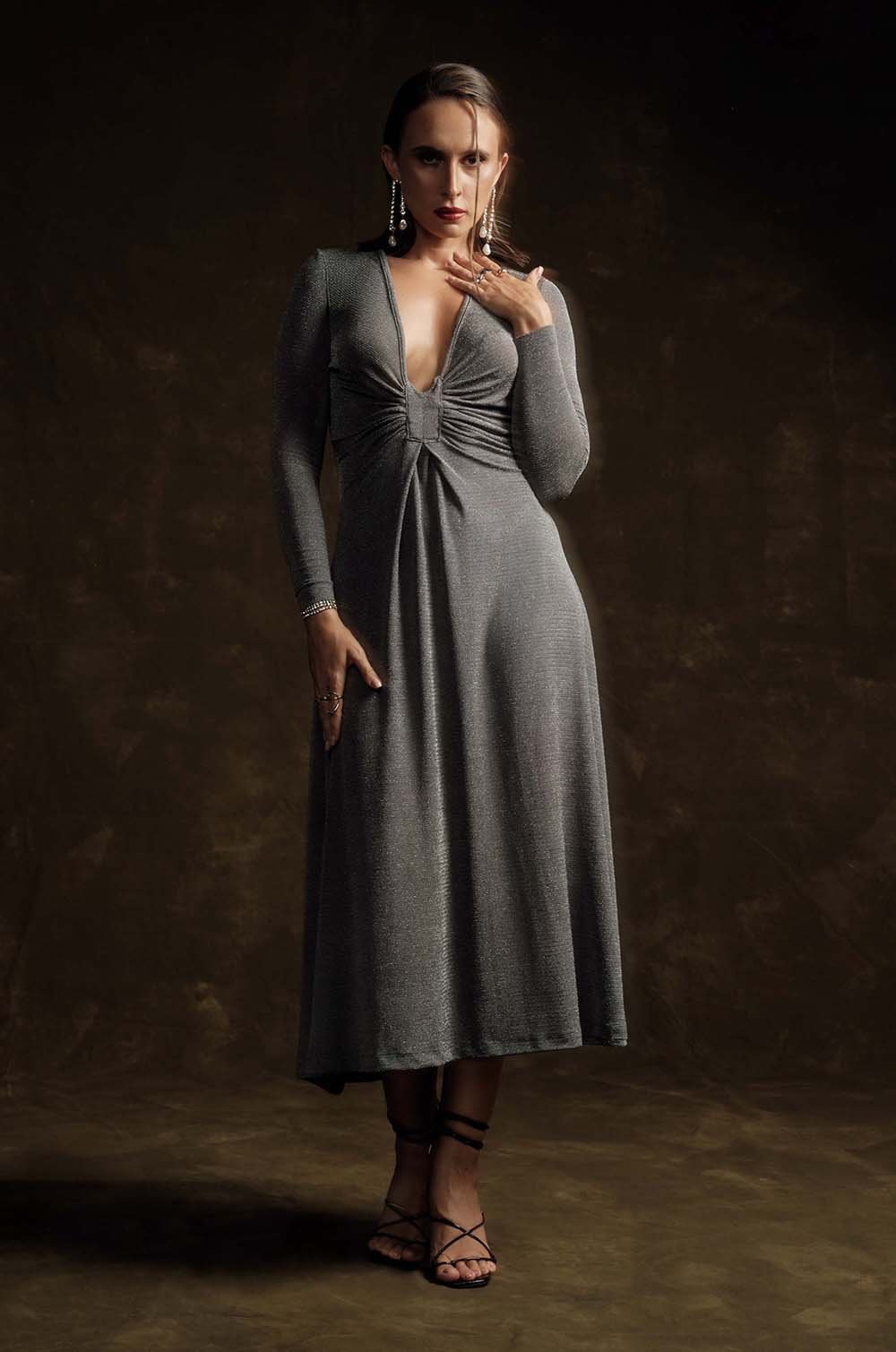 PLUNGE NECKLINE MIDI DRESS