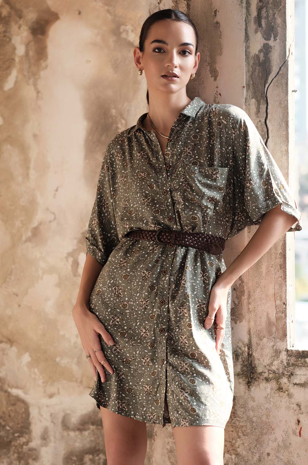 Yoke Detailed Printed Dress -Olive Green