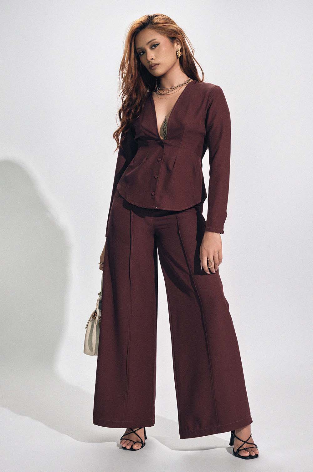 Pin Tuck Pants - Maroon