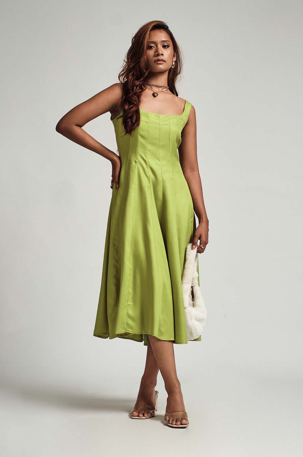 Squared Neck Flared Dress - Green