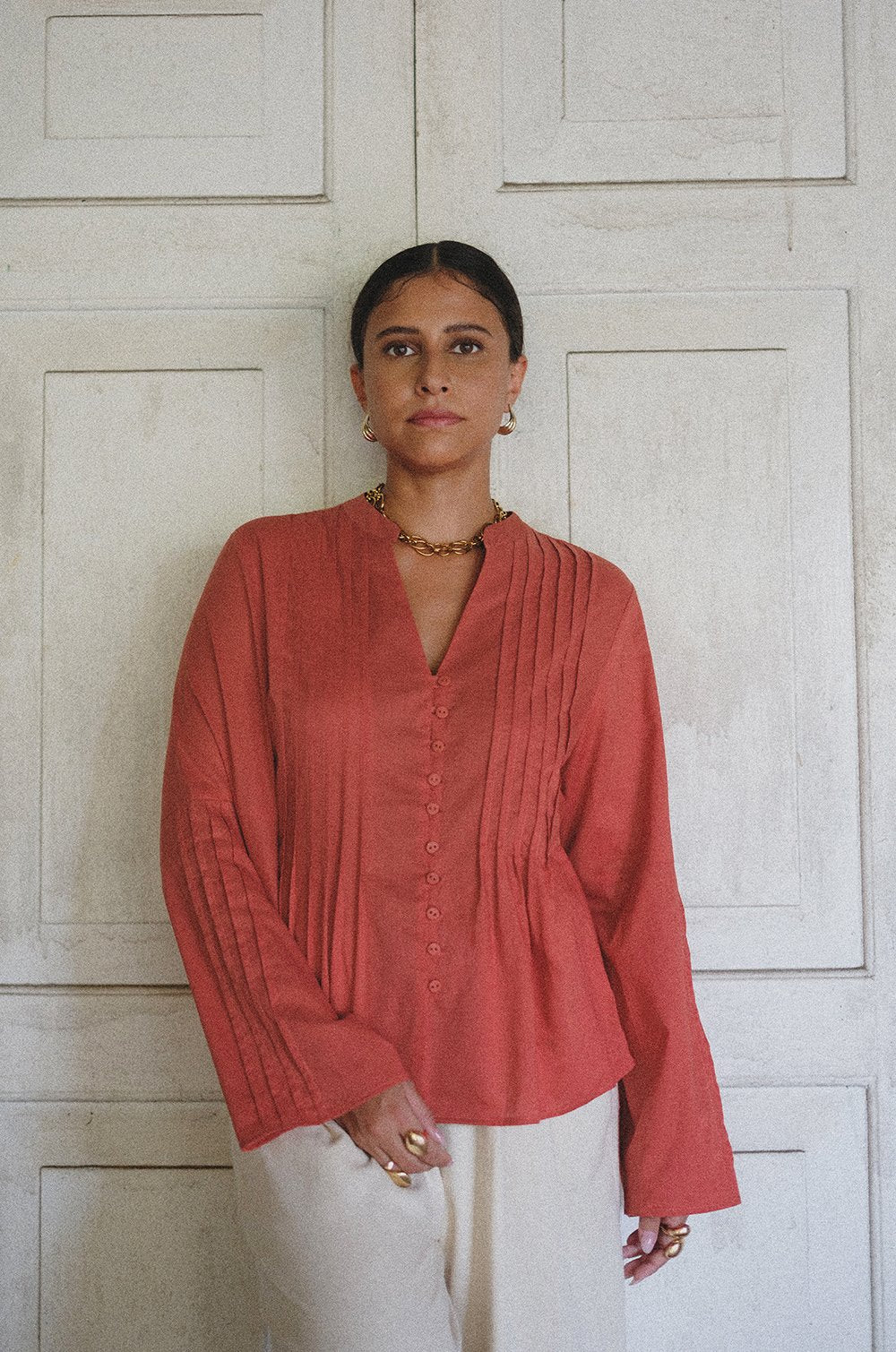 PINTUK DETAIL TUNIC TOP - ORANGE