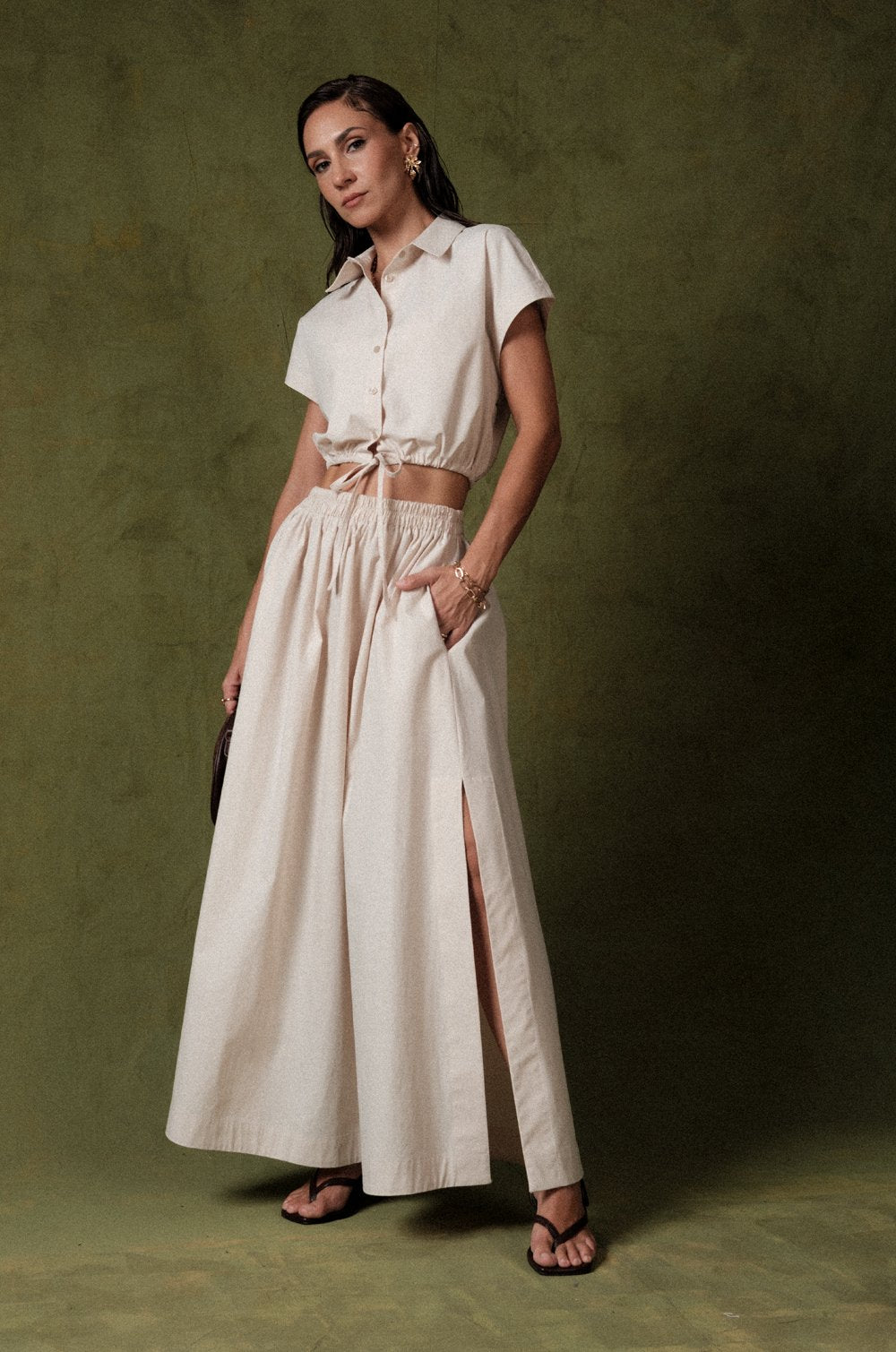 A-LINE MAXI SKIRT WITH SIDE SLIT - CREAM