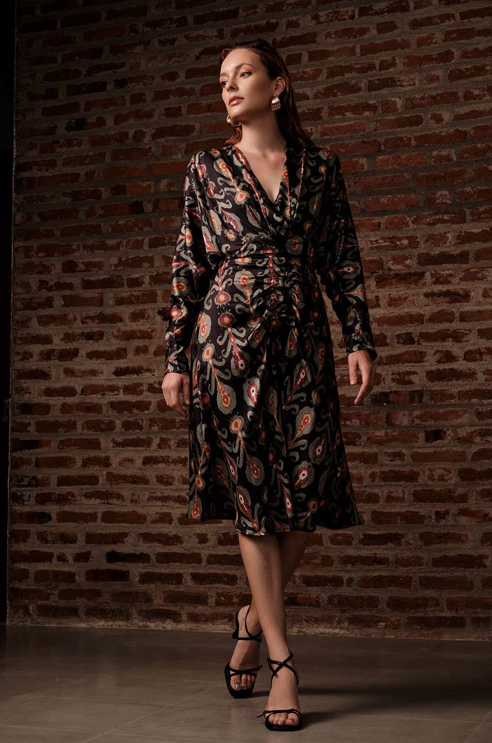 Front Ruched Batwing Sleeve Dress-Printed