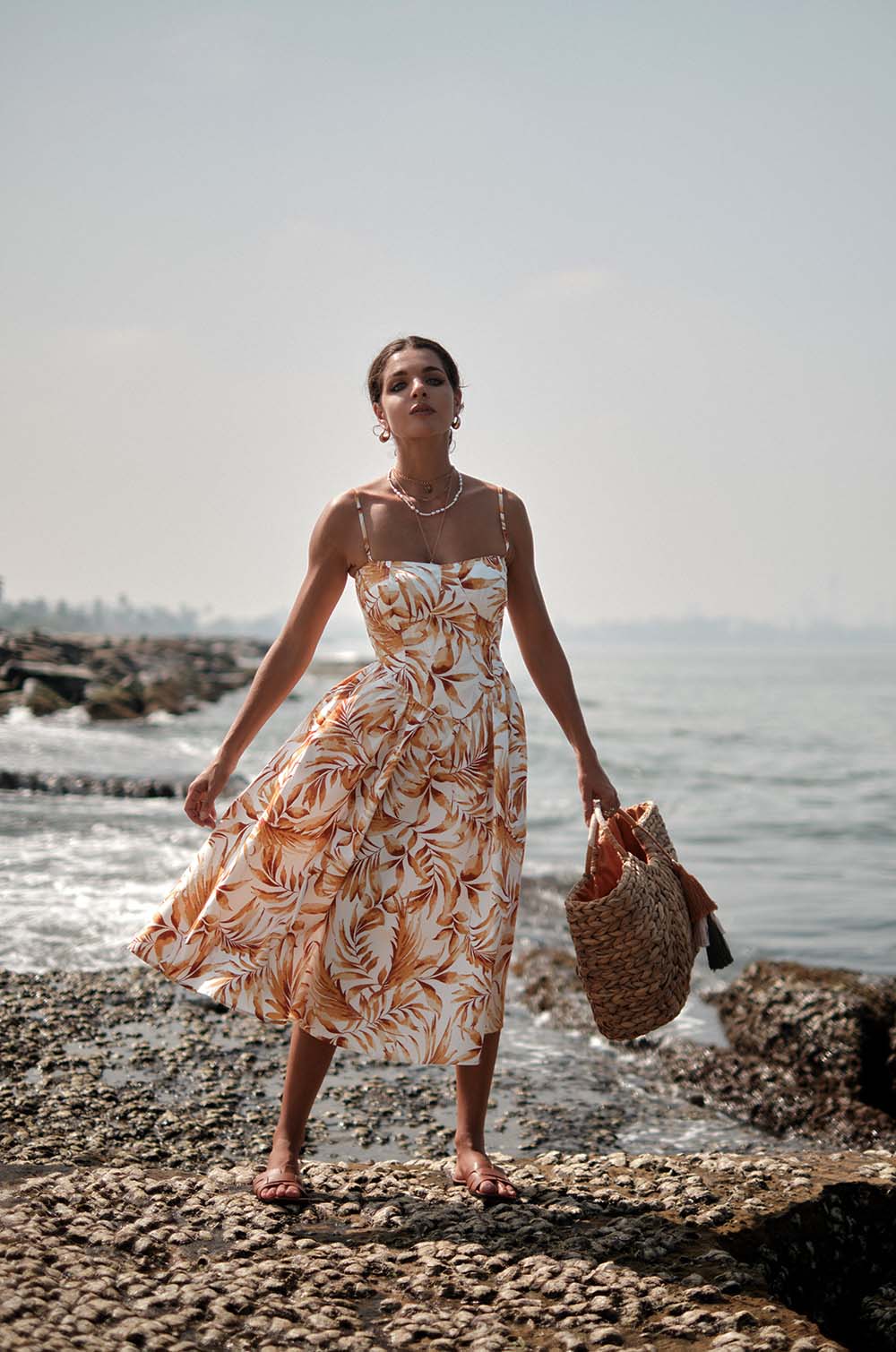 Corset Detailed Strappy Dress-Orange