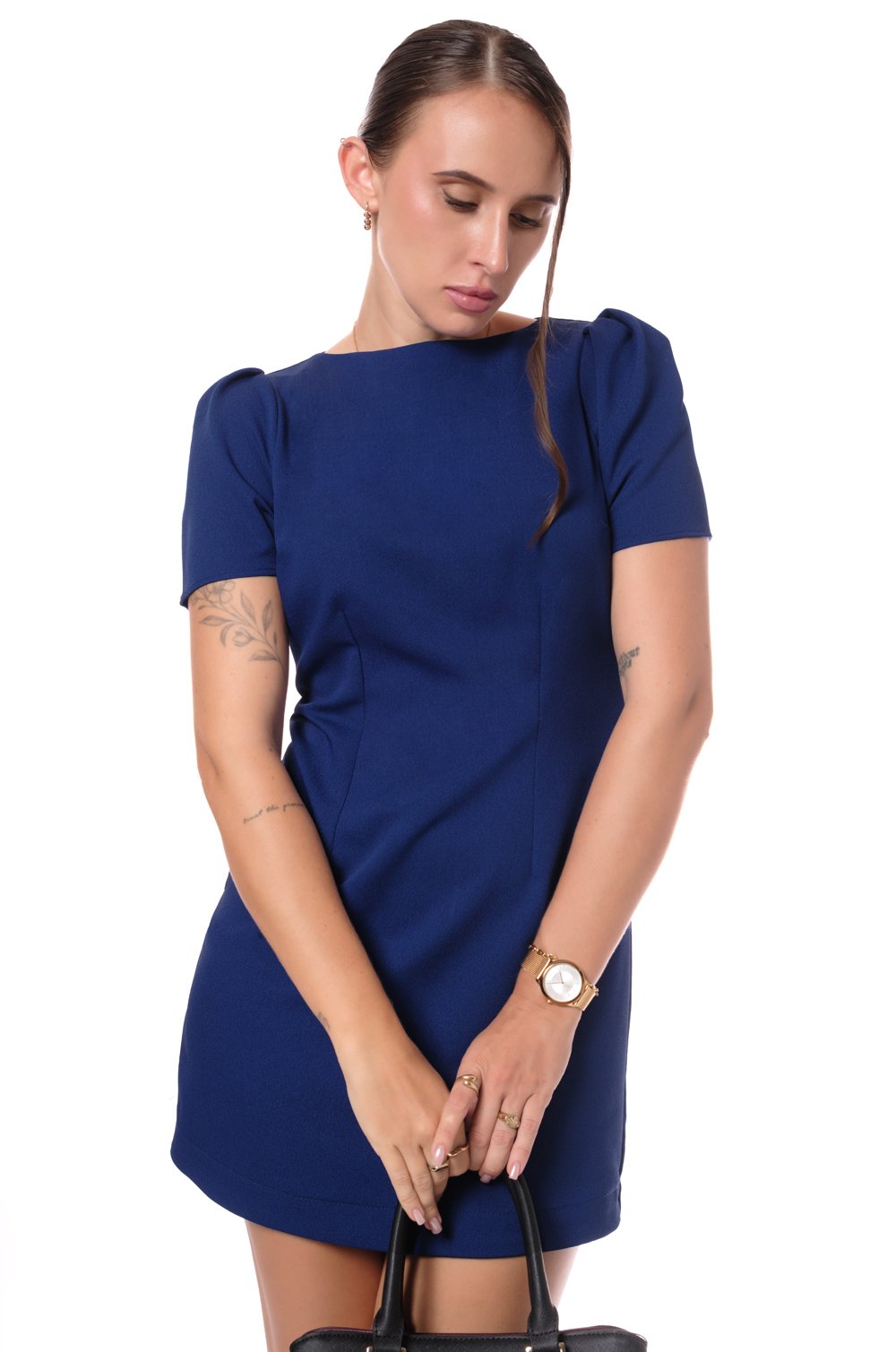MINI DRESS WITH PLEATED SLEEVES - BLUE