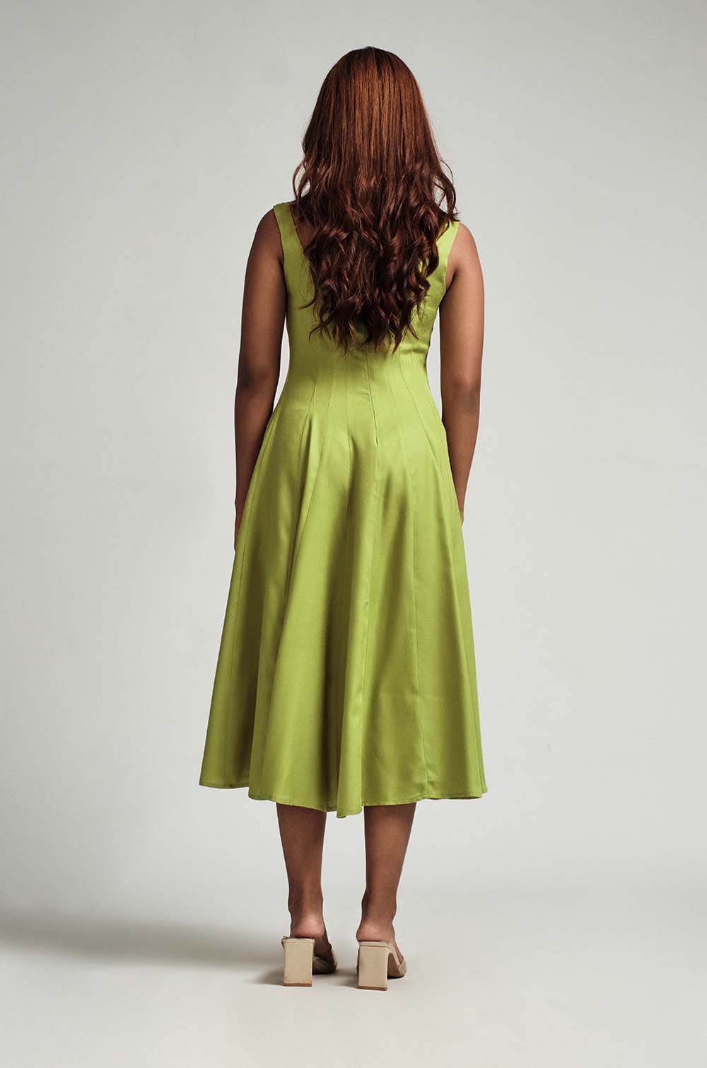 Squared Neck Flared Dress - Green