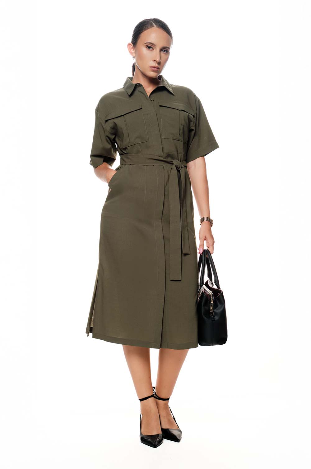 DOUBLE POCKET MIDI DRESS - OLIVE