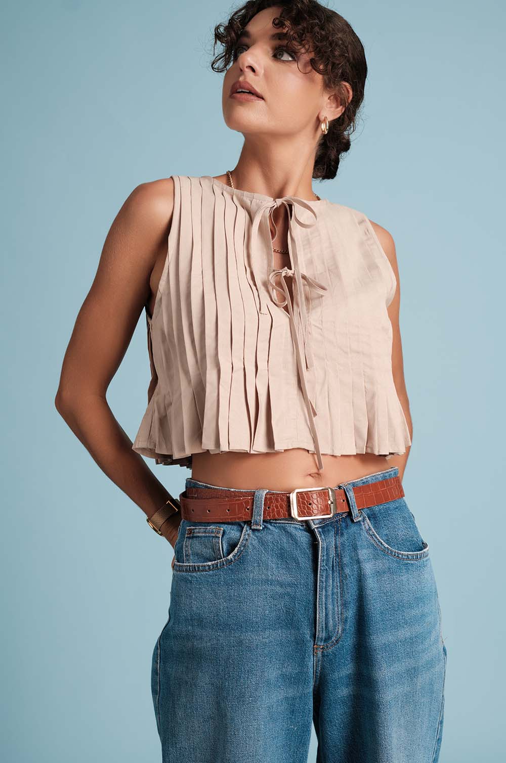 Pin Tuck Flouncy Top-Beige