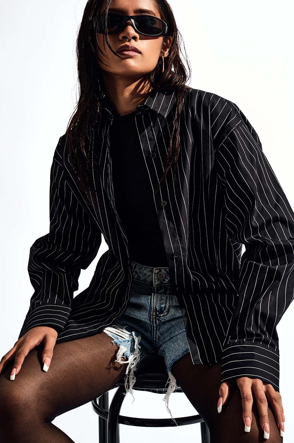 Striped Oversized Shirt - Black