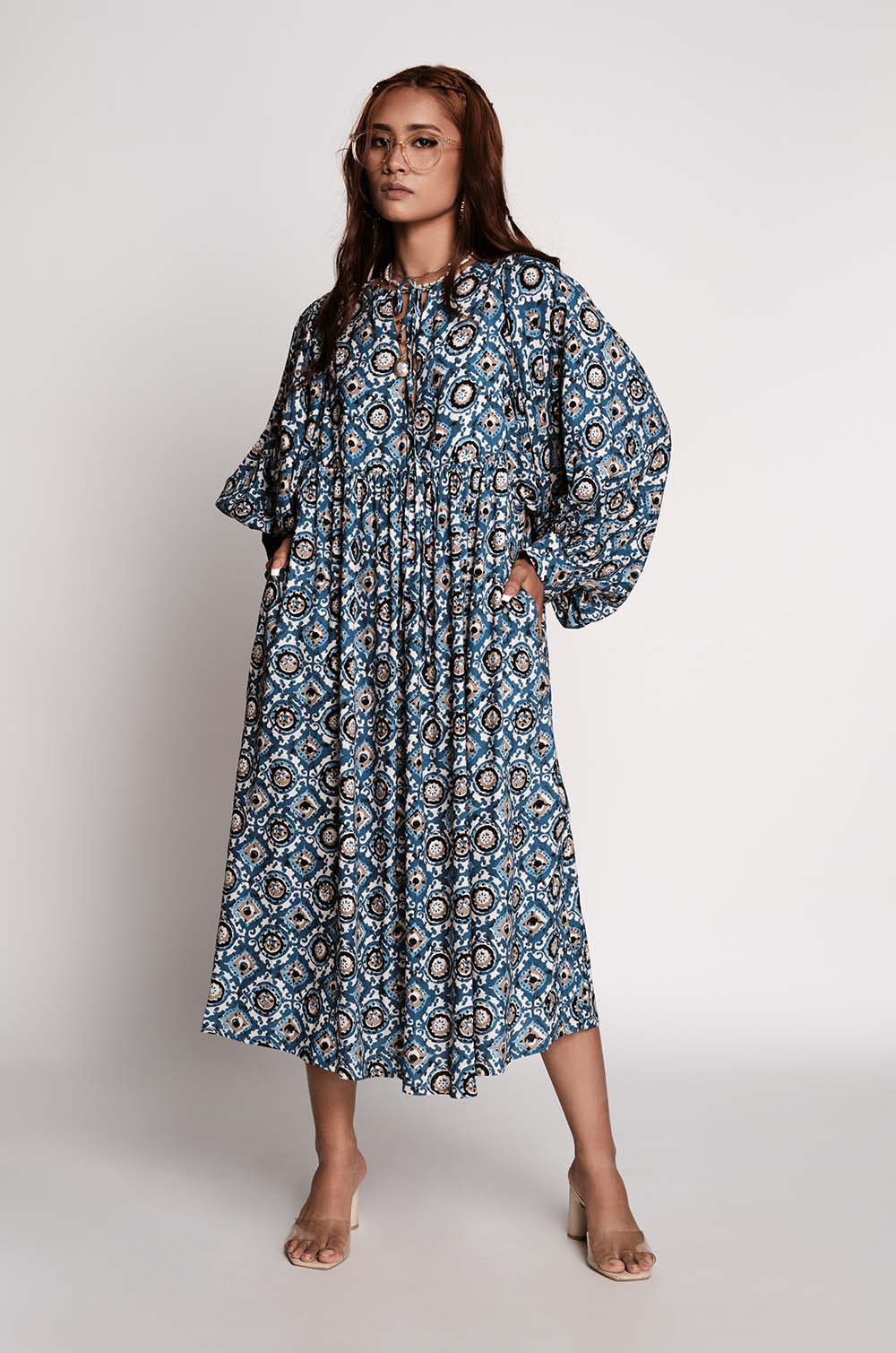 Printed Lantern Sleeve Dress- Blue