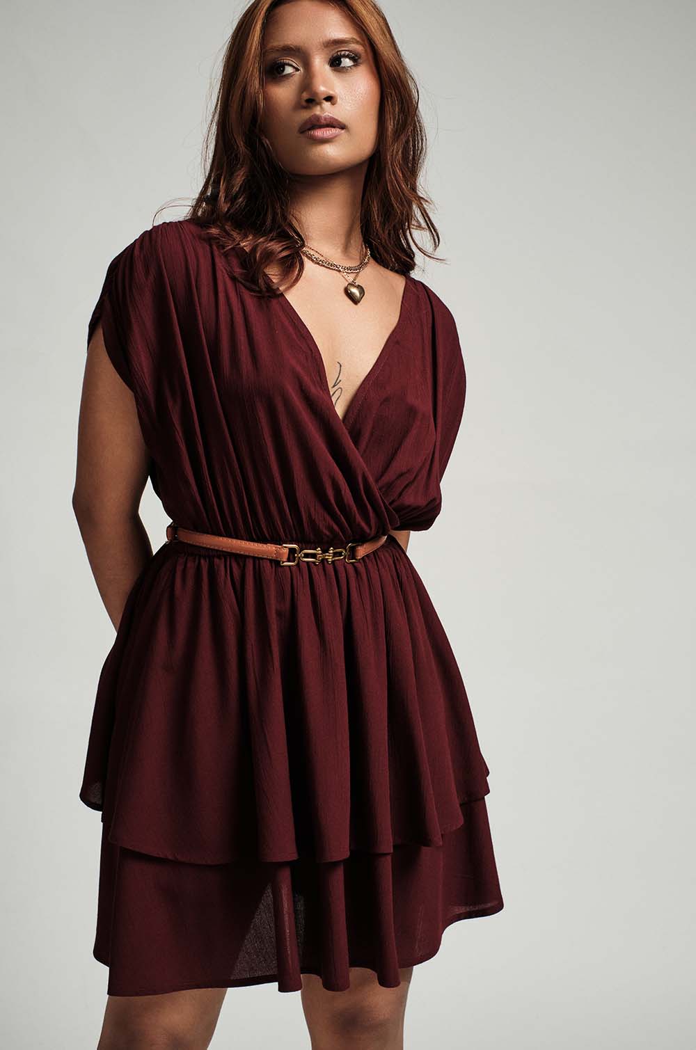 Flouncy Layered Dress - Maroon