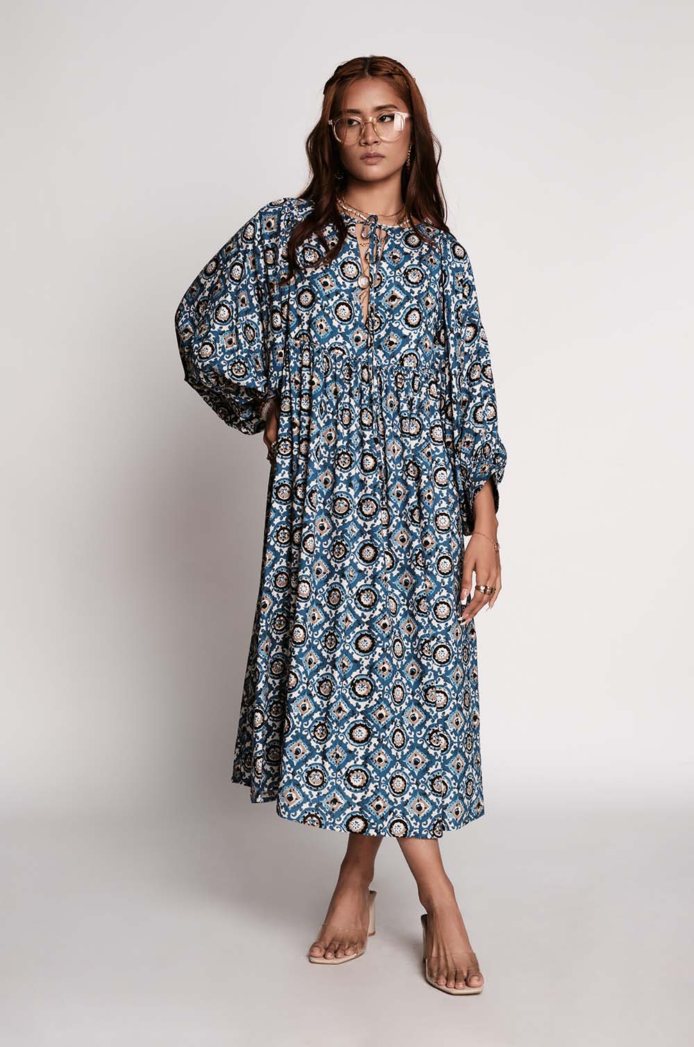 Printed Lantern Sleeve Dress- Blue