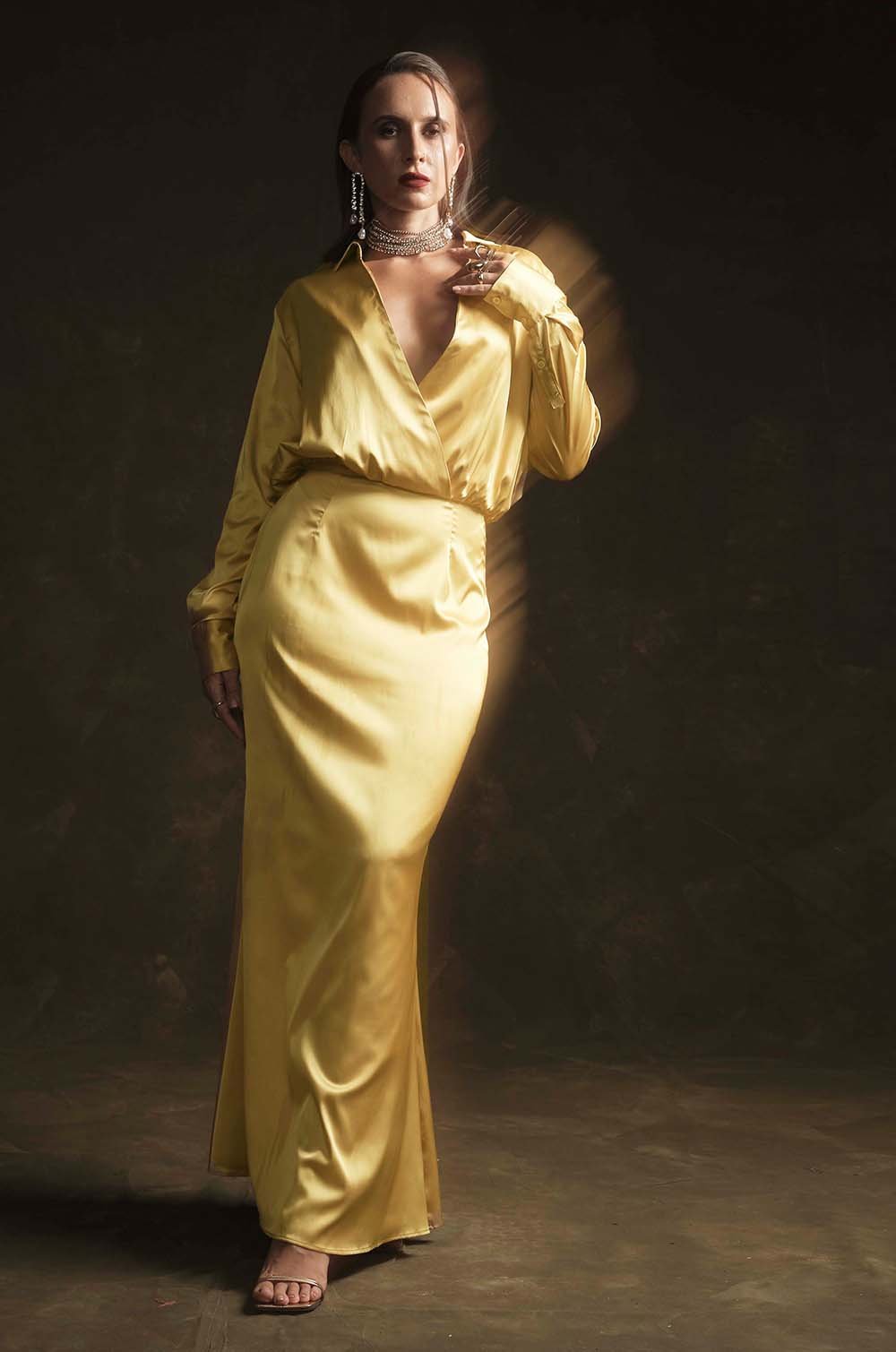 SLIT BACK SATIN SHIRT DRESS - YELLOW The Cult Original SLIT BACK SATIN SHIRT DRESS - YELLOW The Cult Original