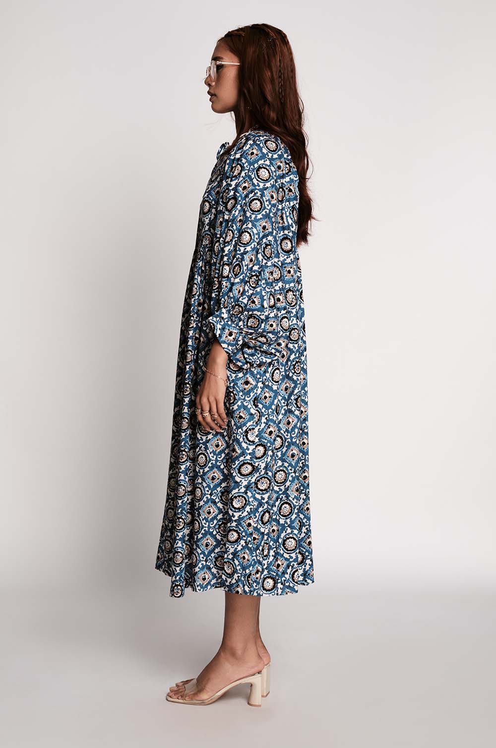 Printed Lantern Sleeve Dress- Blue