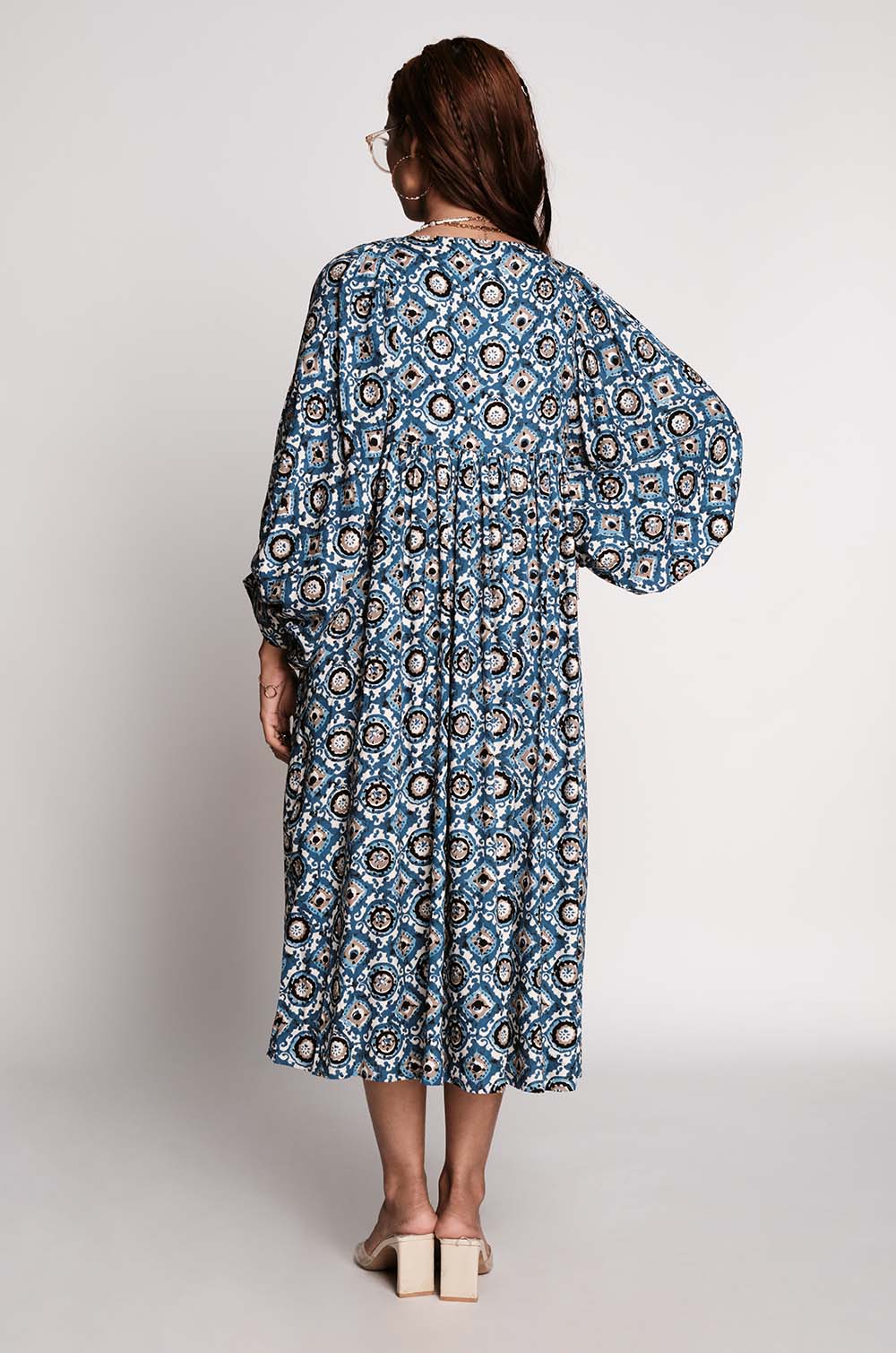 Printed Lantern Sleeve Dress- Blue