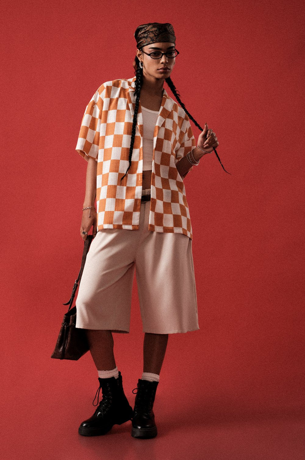 BOXY FIT LAPEL COLLAR SHIRT - ORANGE CHECK