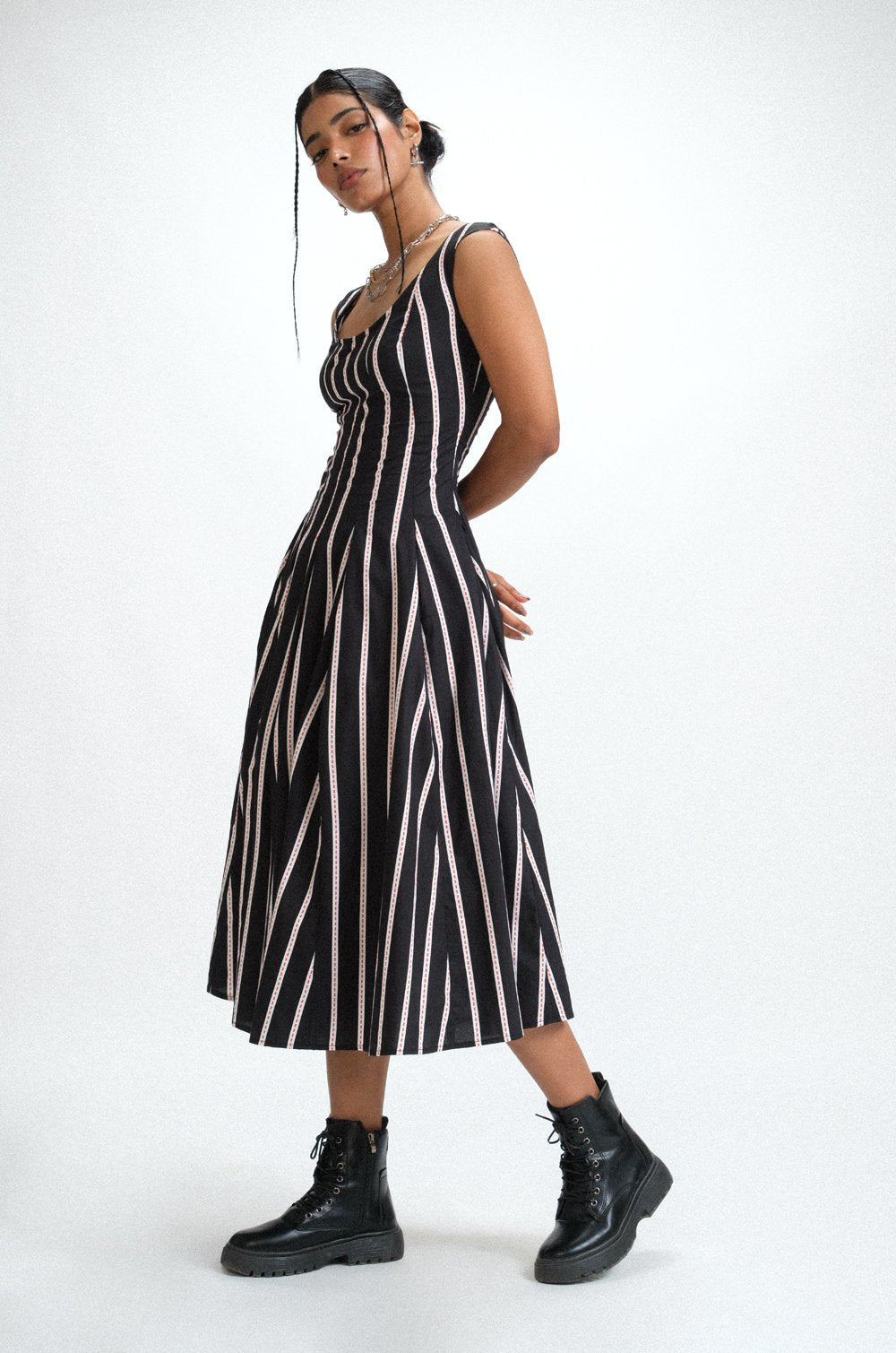 CINCHED WAIST MIDI DRESS - STRIPED