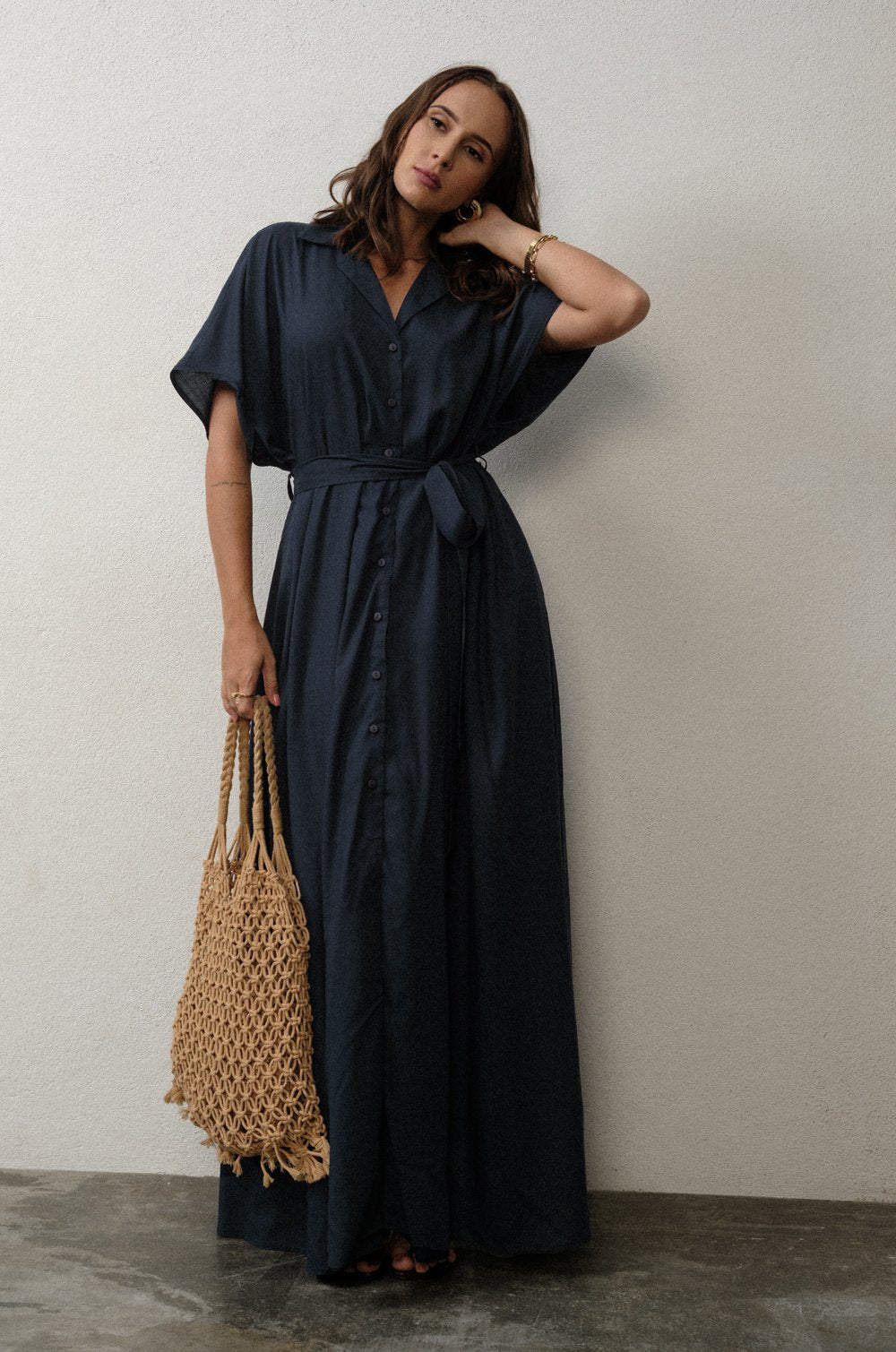 V-NECK MAXI SHIRT DRESS - NAVY