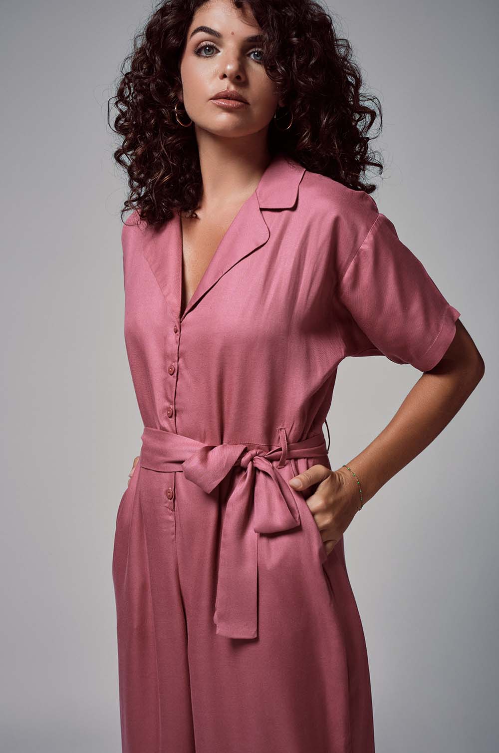 Lapel Collared Jumpsuit Pink