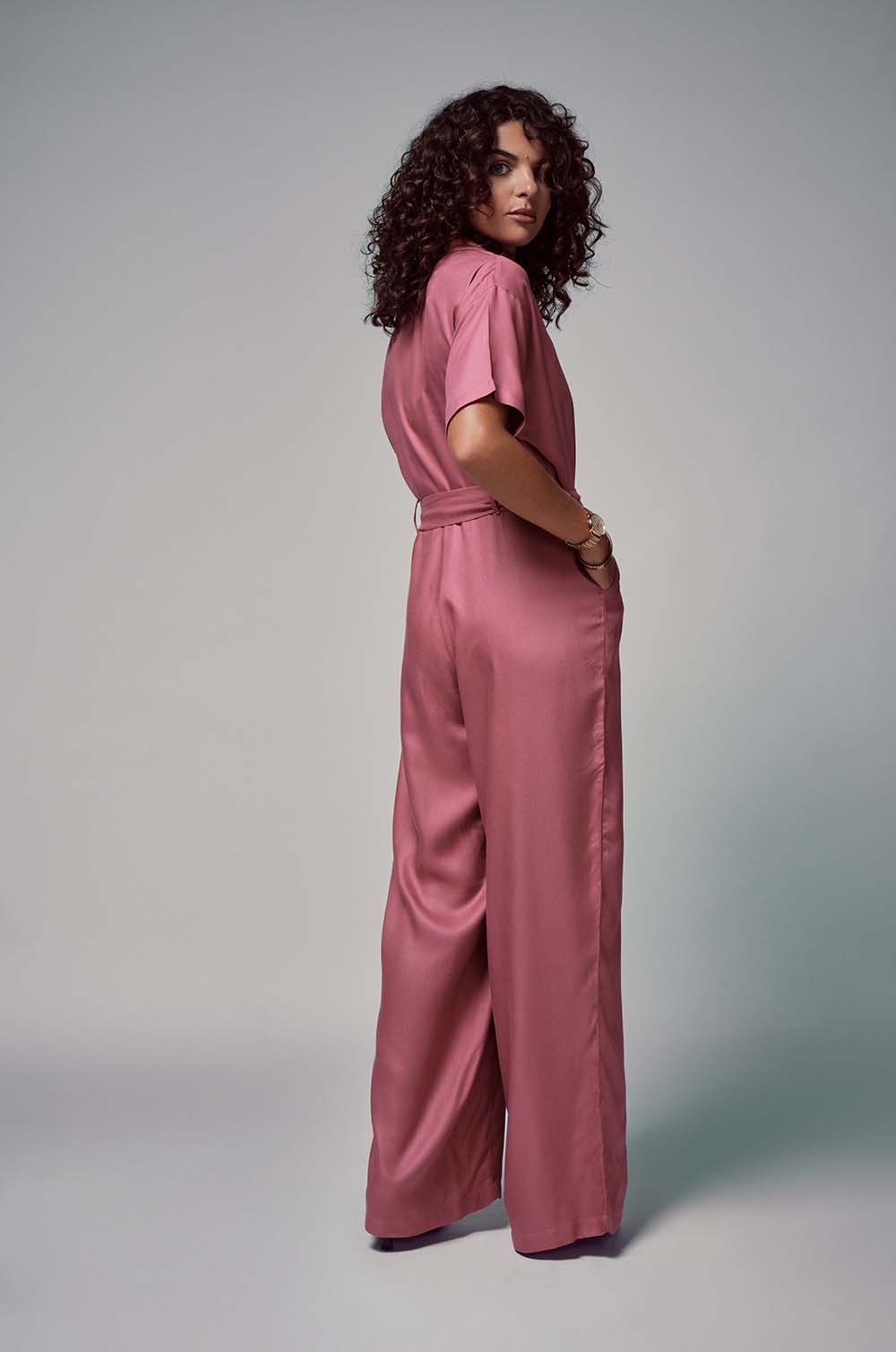 Lapel Collared Jumpsuit Pink