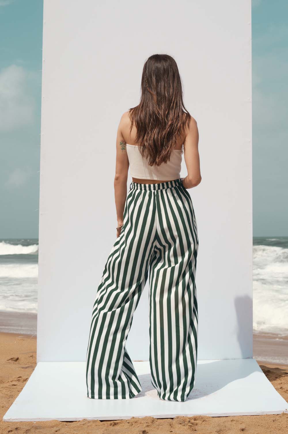 Back Elasticated Striped Pant- Green