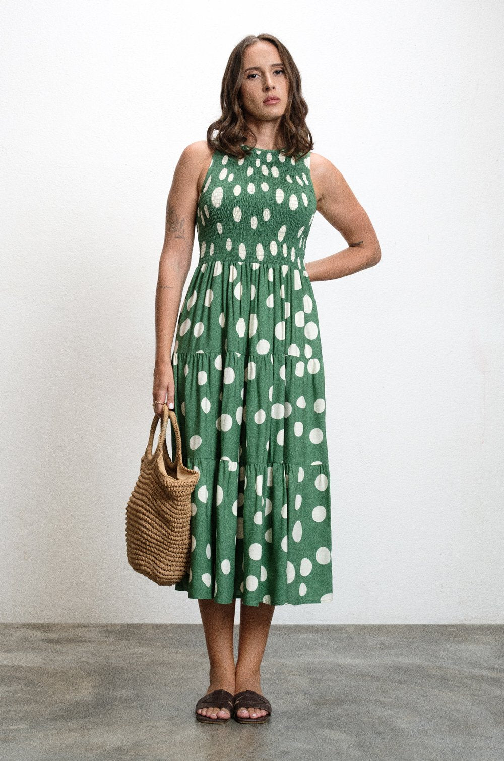 SMOCKED MIDI TIERED DRESS