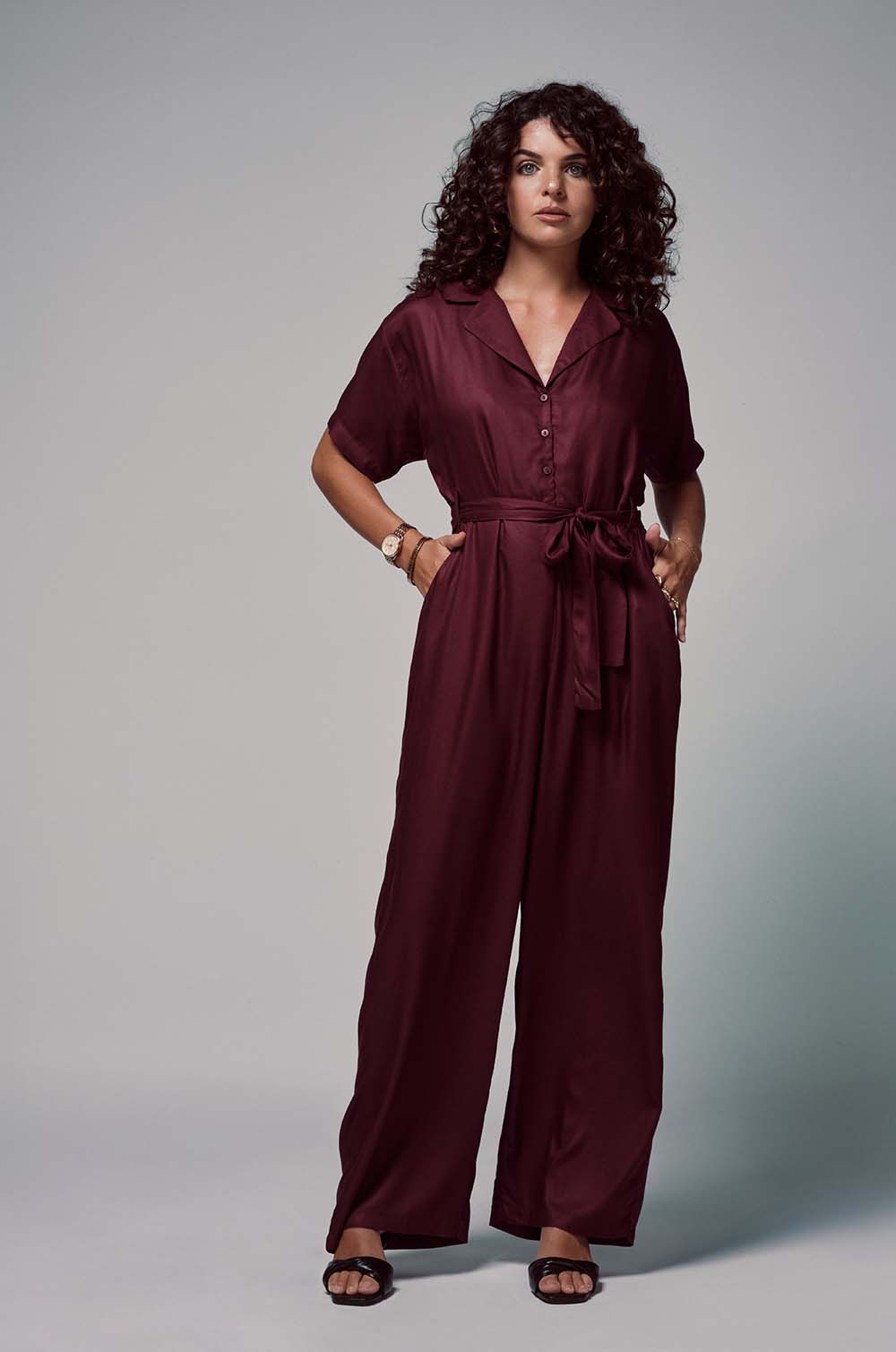 Lapel Collared Jumpsuit Maroon