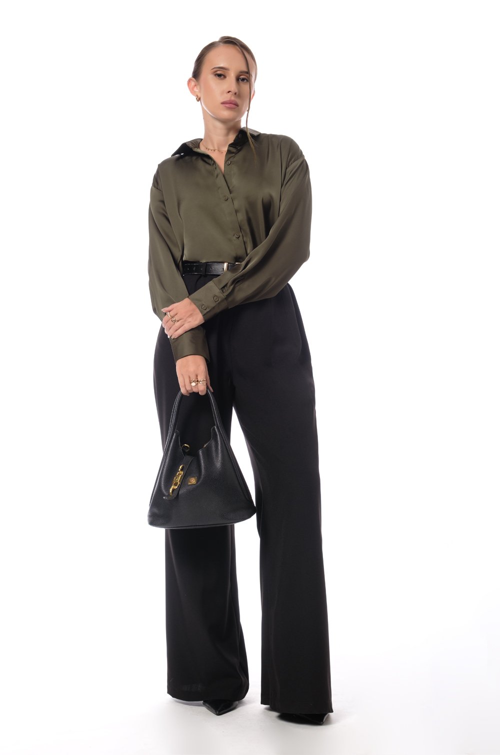 SATIN OVERSIZED SHIRT - OLIVE GREEN