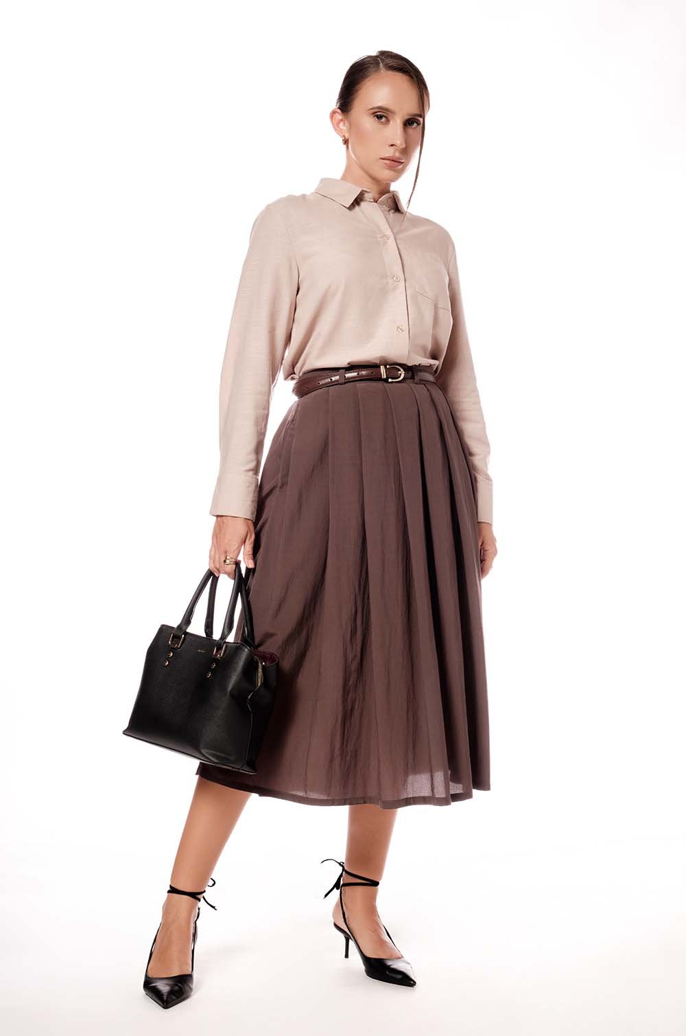 PLEATED MIDI SKIRT - BROWN