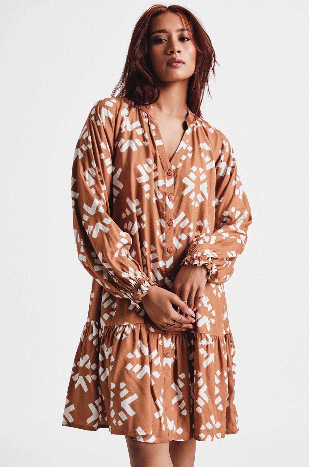 Printed Shift Dress-Brown