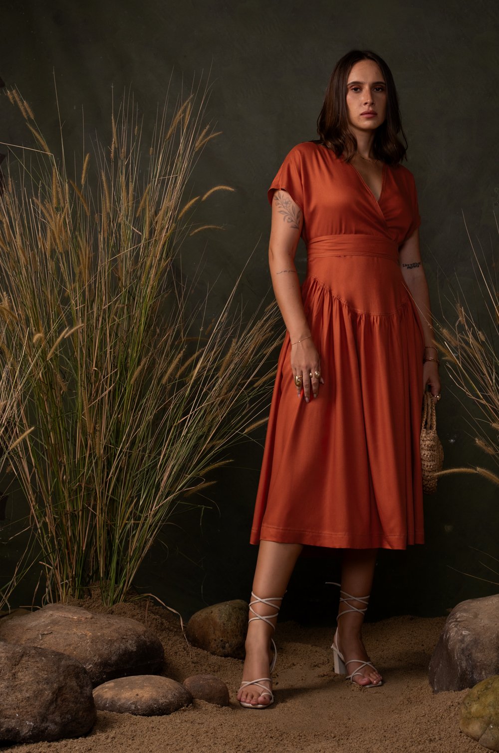 CONTRAST STITCHED  MIDI DRESS - ORANGE