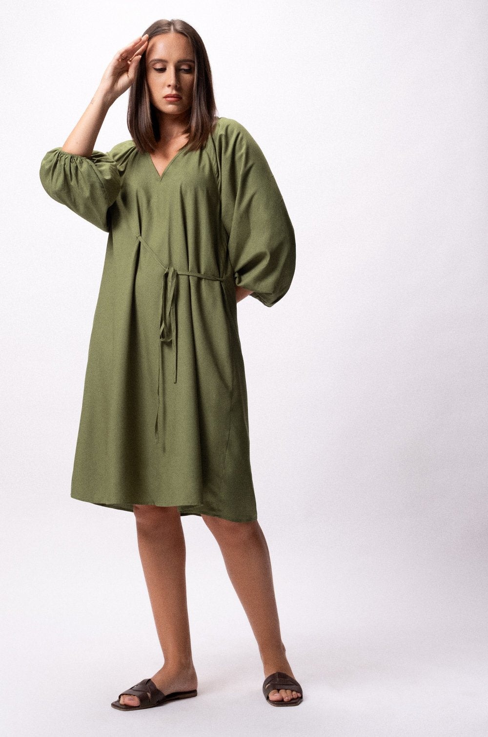 BALLOON SLEEVE SHIFT DRESS - GREEN